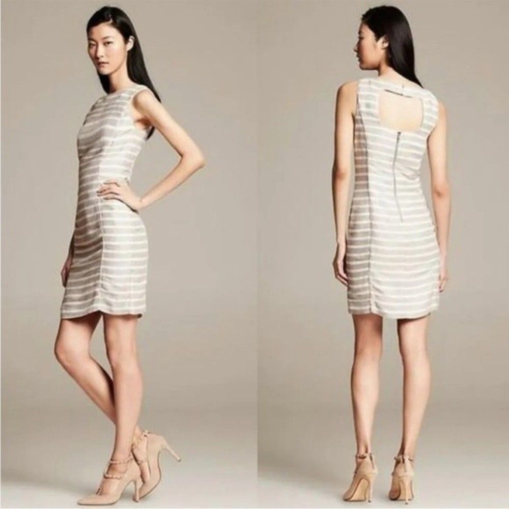 Banana Republic Neutral Stripe Linen Blend Sleeveless Summer Sheath Dress Size 4